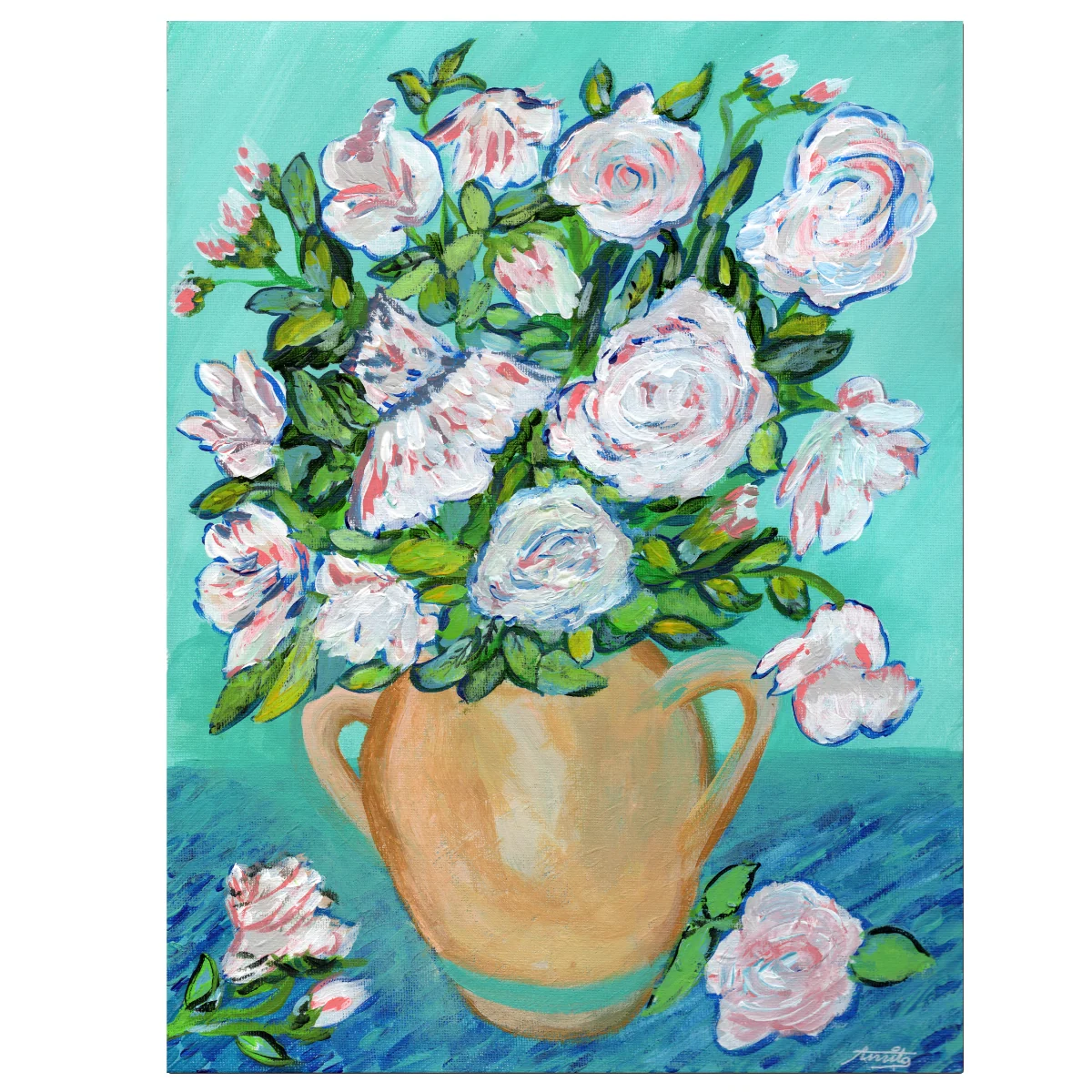 Pink and White Roses in Vase artwork