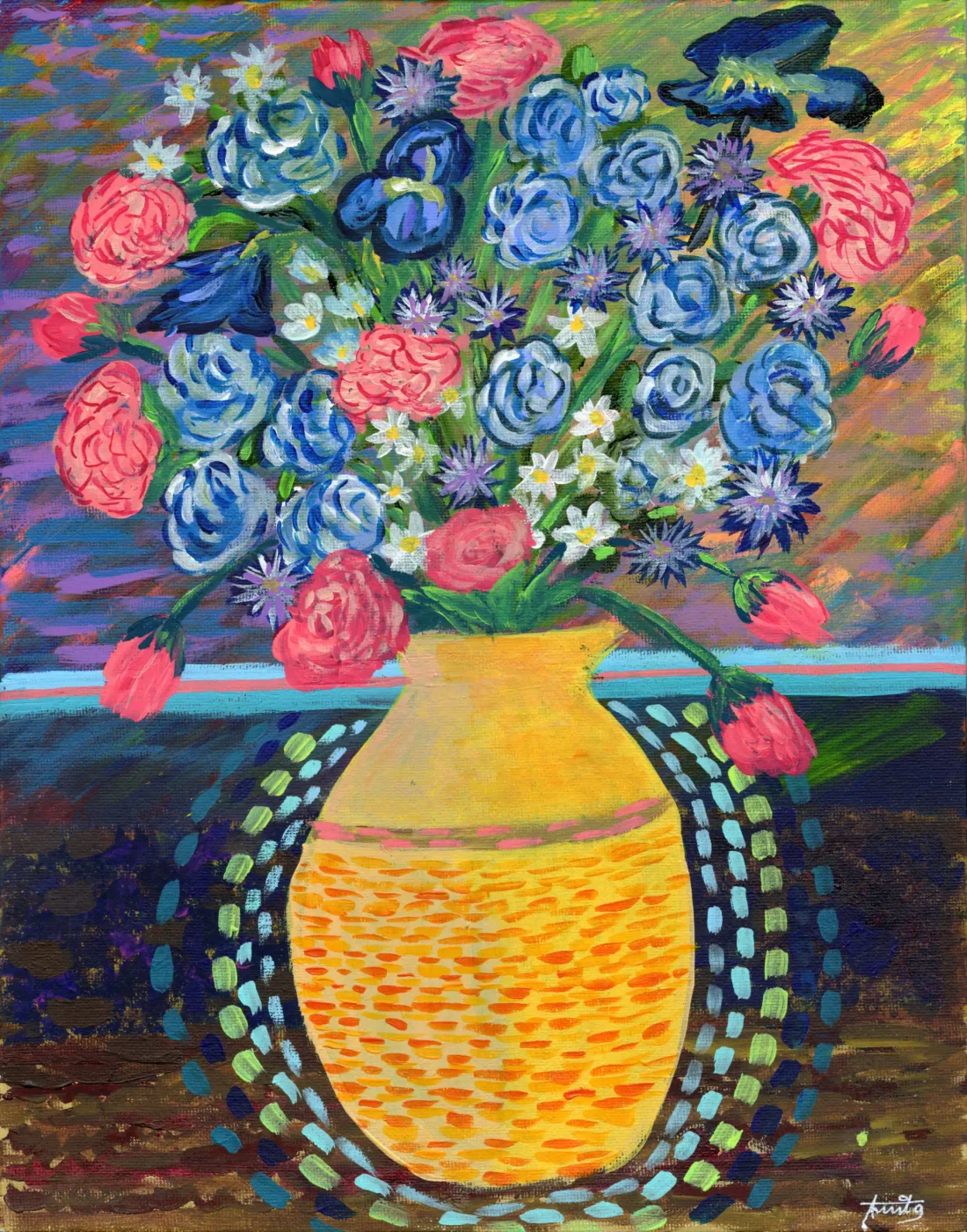 Abstract Blue and Pink Flowers with Irises in Yellow Vase — owner-supplied original artwork